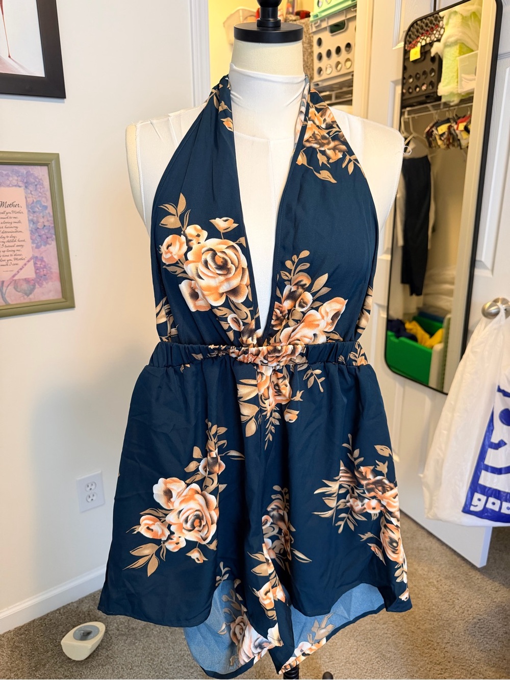 Floral Halter Romper Dress - Dark Teal and Peach